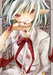  bat_wings blood bloody_clothes bow character_request colored_eyelashes edo. pointy_ears pop'n_music pop'n_music red_eyes remilia_scarlet ribbon short_hair silver_hair solo tongue touhou wings yuli 