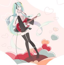 1girl ahoge detached_sleeves electric_guitar gomi_chiri green_eyes green_hair guitar hatsune_miku headset heart instrument long_hair necktie pigeon-toed skirt solo thighhighs twintails very_long_hair vocaloid