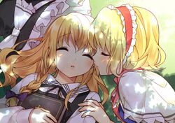  2girls alice_margatroid blonde_hair blush book bow braid bust capelet closed_eyes hairband hanabana_tsubomi hat hat_bow kirisame_marisa kiss long_hair multiple_girls ribbon short_hair single_braid sleeping touhou yuri 