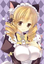  alternate_costume animal_ears blonde_hair cat_ears drill_hair enmaided kemonomimi_mode kyubey mahou_shoujo_madoka_magica maid maid_headdress mitsu_king smile tomoe_mami twin_drills yellow_eyes 
