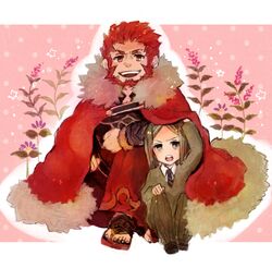  armor beard cape chibi facial_hair fate/stay_night fate/zero fate_(series) flower male mukimuki_mayuge multiple_boys red_hair redhead rider_(fate/zero) under_clothes waver_velvet 