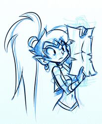  1girl blue commentary earrings jewelry lowres map monochrome official_art pointy_ears ponytail shantae shantae_(character) shantae_(series) sketch solo 