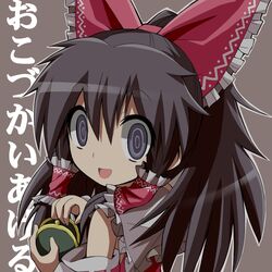  black_eyes black_hair bow crazy_eyes gibuchoko hair_bow hair_ribbon hair_tubes hakurei_reimu open_mouth ribbon smile solo touhou translated 