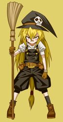  1girl bandaid bandaid_on_nose blonde_hair broom brown_eyes gloves hair_ornament hat kirisame_marisa long_hair nukarumi_noren ponytail skull_hair_ornament solo touhou very_long_hair witch_hat young 