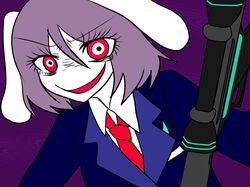  animal_ears artist_request bunny_ears crazy_eyes evil_grin grin gun highres koishi_adventure lavender_hair necktie reisen reisen_udongein_inaba rifle short_hair smile touhou weapon white_skin 