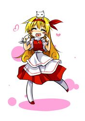  animal_on_head blonde_hair bow cat cat_on_head circle closed_eyes dress ellen hair_bow hairband heart hemogurobina1c long_hair open_mouth phantasmagoria_of_dim._dream smile sokrates_(touhou) solo touhou white_legwear 