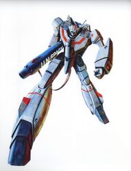  absurdres choujikuu_yousai_macross gunpod highres macross mecha oldschool realistic scan science_fiction simple_background solo takani_yoshiyuki tenjin_hidetaka u.n._spacy vf-1 vf-1j 