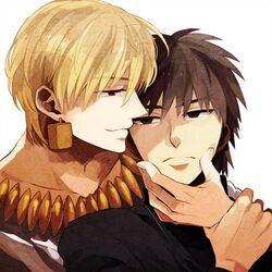  blonde_hair brown_hair earrings fate/stay_night fate/zero fate_(series) gilgamesh jewelry kotomine_kirei male monaka multiple_boys smile white_background 