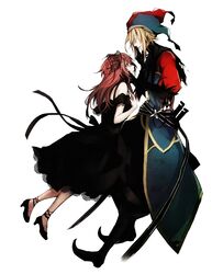  1girl arisaka_ako belt black_dress black_gloves blonde_hair clown dress gloves hair_ornament hair_over_eyes hand_on_another's_face hands_on_own_face hands_to_face harlequin hat high_heels jester_cap long_hair looking_up no_eyes original pink_hair red_hair redhead shoes simple_background strap 
