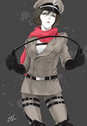  belt black_eyes black_hair hat highres ihciuy0211 mikasa_ackerman scarf shingeki_no_kyojin short_hair thigh_strap whip 