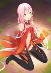  black_legwear guilty_crown hands_on_chest hands_on_own_chest kurasawa_moko long_hair navel open_mouth pink_hair red_eyes sitting solo thighhighs wariza yuzuriha_inori 