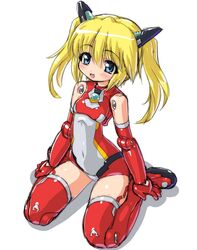 :d blonde_hair blue_eyes blush busou_shinki dd_(artist) doll_joints elbow_gloves gloves hair_ornament lirbiete navel open_mouth sitting smile solo thigh-highs thighhighs twintails wariza 