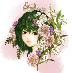  colored_eyelashes flower green_hair highres kazami_yuuka leaf lips nagasehachi_koromoko plant red_eyes short_hair smile solo touhou youkai 