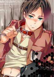  1boy black_hair blush collar eren_jaeger green_eyes ichitaka jacket midriff shingeki_no_kyojin solo 
