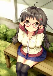  adjusting_glasses ahoge bench black_legwear blush braid breasts brown_eyes brown_hair bush cleavage glasses grass hair_ornament hairclip jacket long_hair long_sleeves original outdoors red-framed_glasses school_uniform sitting skirt sleeves_past_wrists solo thigh-highs thighhighs twin_braids wataame27 