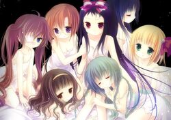  bell black_hair blonde_hair blue_eyes bow braid breasts brown_eyes brown_hair character_request chemise cleavage closed_eyes eyepatch eyes_closed glasses green_eyes hair_bell hair_bow hair_ornament hair_ribbon hairband higanbana_(higanbana_no_saku_yoru_ni) higanbana_no_saku_yoru_ni jpeg_artifacts kneeling kusunoki_midori lap_pillow long_hair lying moriya_marie multiple_girls numata_youko on_side purple_eyes red_eyes ribbon sakaki_yukari sakurada_michiru sakurazawa_izumi short_hair sumire_(higanbana) twin_braids twintails very_long_hair 