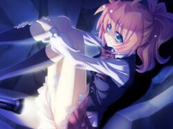  artist_request black_legwear blush character_request flashlight footwear game_cg legs long_sleeves mikoshi_matsuri pink_hair ponytail shiratori_rio sitting skirt socks solo ten_no_hikari_wa_koi_no_hoshi 