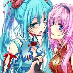  2girls aqua_hair blue_eyes gloves green_eyes hatsune_miku holding_hands long_hair lowres megurine_luka multiple_girls open_mouth pink_hair tetoripeco twintails vocaloid 