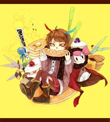  1girl argyle argyle_legwear bread brown_hair cake candy charlotte_(madoka_magica) checkerboard_cookie cookie dual_persona eating food fruit highres lollipop mahou_shoujo_madoka_magica multicolored_eyes pancake personification pudding scarf short_hair skyness sweets 
