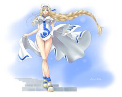  alicia_florence aria beret blonde_hair blue_eyes braid crossed_legs_(standing) hat legs long_hair no_panties single_braid solo stairs uniform wallpaper yaso_shigeru 