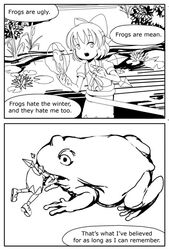 book cirno comic english frog frozen hat ice_wings monochrome multiple_girls oversized_animal short_hair sixten touhou vore wings 