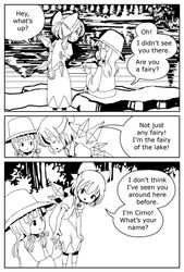  bow cirno comic english hair_bow hat ice_wings monochrome moriya_suwako multiple_girls short_hair sixten touhou wings 