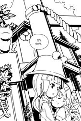  book cirno closed_eyes comic english eyes_closed friends frog hat hug ice_wings long_hair monochrome moriya_suwako multiple_girls short_hair sixten statue touhou wings 