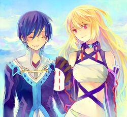  blonde_hair choker couple gloves jude_mathis karua_(teikiatsugirl) long_hair milla_maxwell purple_eyes smile tales_of_(series) tales_of_xillia violet_eyes 