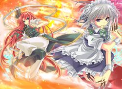  bandage bandages blue_eyes braid dress error fighting_stance green_eyes hat hat_removed headwear_removed highres holster hong_meiling izayoi_sakuya kicking knife long_hair magic_circle maid maid_headdress moneti_(daifuku) mouth_hold multiple_girls pocket_watch purple_eyes red_hair redhead short_hair silver_hair slid_skirt stopwatch thigh_holster throwing_knife touhou twin_braids watch weapon 