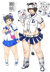  animal_ears brown_eyes brown_hair character_request copyright_request maru-uni mascot midriff multiple_girls personification plump puppet short_hair simple_background tail 