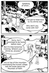  bow cirno comic english hair_bow hat ice_wings monochrome moriya_suwako multiple_girls short_hair sixten smile touhou wings 