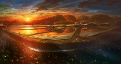  bicycle bird cloud dog field forest highres house kashi_takahisa landscape nature original perspective power_lines rice_paddy scenery sky sun sunbeam sunlight sunset telephone_pole 