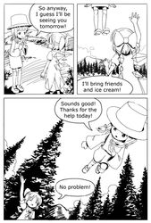  bow cirno comic english flying hair_bow hat ice_wings monochrome moriya_suwako multiple_girls short_hair sixten smile touhou tree waving wings 