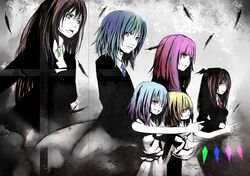  alternate_costume bangs blunt_bangs canae0 feathers flandre_scarlet formal hong_meiling izayoi_sakuya koakuma monochrome multiple_girls necktie no_hat no_headwear outstretched_arm pale_skin pant_suit patchouli_knowledge remilia_scarlet sleeveless spot_color suit the_embodiment_of_scarlet_devil touhou 