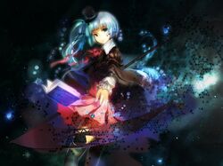  aqua_eyes aqua_hair bangs blunt_bangs book h2so4kancel hat pixiv_fantasia pixiv_fantasia_wizard_and_knight scythe side_ponytail solo top_hat 