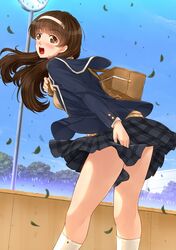  brown_eyes brown_hair hairband headband highres kazeno original plaid school_uniform sorane_akiha wind_lift 