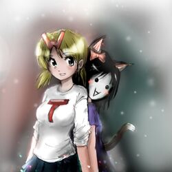  4chan :> animal_ears black_hair blonde_hair blush_stickers bow cat_ears green_eyes hair_bow hair_ribbon moot multiple_girls ribbon sleeves_pushed_up smile snowing solid_circle_eyes tail wt_snacks 