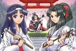  3girls black_hair blue_eyes blue_hair breastplate character_request crossover gohei hime_cut instrument japanese_clothes kiki_kaikai long_hair miko multiple_girls namesake payot ponytail sayo_(kiki_kaikai) shikigami_no_shiro torii yuuki_sayo 