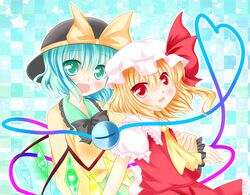  2girls blue_eyes flandre_scarlet green_eyes green_hair hat hat_ribbon komeiji_satori multiple_girls red_eyes ribbon short_hair side_ponytail third_eye touhou white_water wings 
