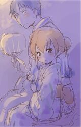  1girl aisaka_taiga blue blue_hair brown_hair fan height_difference japanese_clothes kimono long_hair shirotaka_(shirotaka) short_hair takasu_ryuuji toradora! yukata 