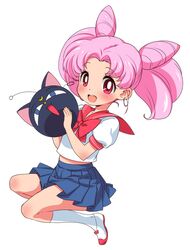  1girl :d bishoujo_senshi_sailor_moon blush bow chibi_usa double_bun kanya_pyi luna-p open_mouth pink_hair pleated_skirt red_eyes school_uniform serafuku short_hair simple_background skirt smile socks solo twintails white_background 