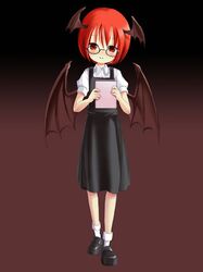  alternate_hairstyle bat_wings bespectacled black_dress blush book child dress glasses koakuma loli red_eyes red_hair redhead shoes short_hair simple_background sixten smile solo the_embodiment_of_scarlet_devil touhou wings 