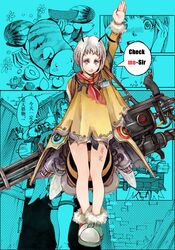  absurdres antennae aqua_background arm_up bandana bandanna bee bee_girl blue_eyes capcom card chinese cloak food fruit gun highres hornet khezu_(armor) liu_li monster_girl monster_hunter pig poogie raised_hand raising_hand sanzhuangwangcat short_hair solo weapon white_hair young_bee 