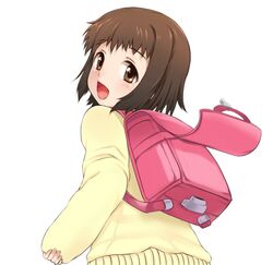  bag brown_eyes brown_hair ginji74 looking_back randoseru short_hair sweater takanashi_nazuna working!! young 