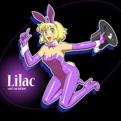  animal_ears bird blonde_hair blue_eyes boots bowtie bunny_ears bunnysuit detached_collar dove elbow_gloves food fruit fukusuke_hachi-gou gloves green hat highres original pantyhose purple purple_legwear short_hair solo thigh-highs thigh_boots thighhighs top_hat wrist_cuffs 