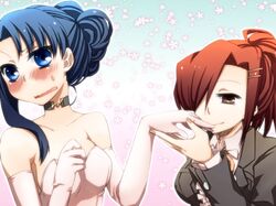  alternate_hairstyle aozaki_touko bare_shoulders black_hair blue_eyes blush choker dress elbow_gloves formal gloves hair_ornament hair_up hairclip kamehima kara_no_kyoukai kokutou_azaka long_hair multiple_girls open_mouth red_eyes red_hair redhead suit sweatdrop wavy_mouth wedding_dress 