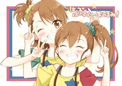  brown_eyes brown_hair futami_ami futami_mami grin idolmaster kaedena_akino side_ponytail smile v wink 