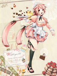  black_legwear bow braid breasts cake chocolate chocolate_heart cleavage cupcake floral_print food fruit green_eyes hair_bow hair_ornament heart high_heels kneehighs large_breasts long_hair long_sleeves maid maid_headdress mary_janes mirunai open_mouth original pancake pink_hair shoes solo strawberry sweets tray twin_braids very_long_hair 