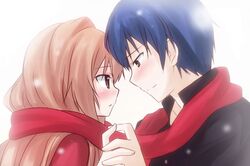  bad_id blue_eyes blue_hair brown_eyes brown_hair eye_contact hand_holding holding_hands long_hair looking_at_another mitsuki scarf school_uniform shared_scarf short_hair takasu_ryuuji toradora! 