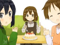  black_hair brown_eyes brown_hair cake couch food fork hirasawa_ui hirasawa_yui holding holding_fork k-on! nakano_azusa nasuna short_hair table tongue tongue_out v 